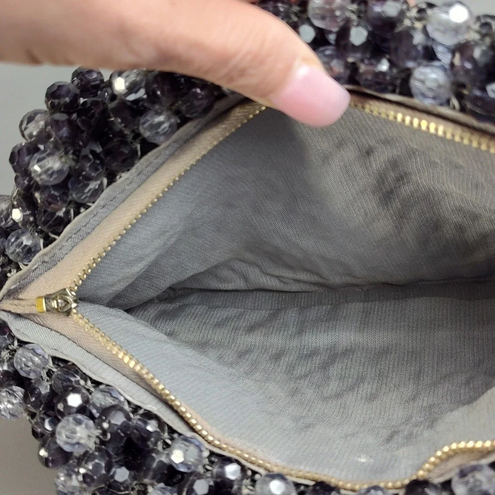 Vintage Crystal Beaded Purse Fauceted Beads Smoke Gray Hong Kong 60s Handmade